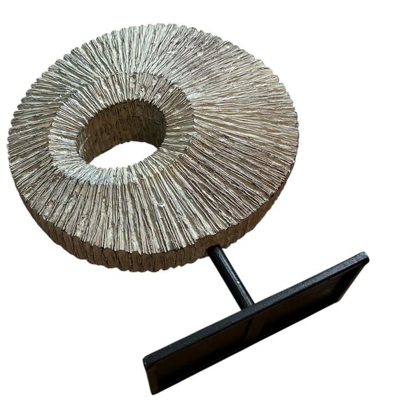 Modern Rustic Home Whitewash Circular Ring Decorative Sculpture on Metal Stand - Picture 9 of 11